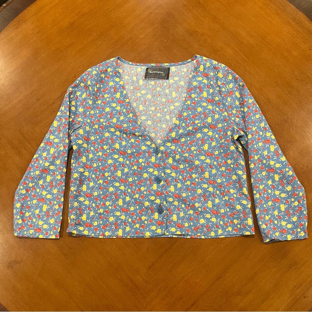 Reformation Arabella PJ Top Button Front Blouse Blue Floral Print Small Deep Vee - Picture 2 of 16